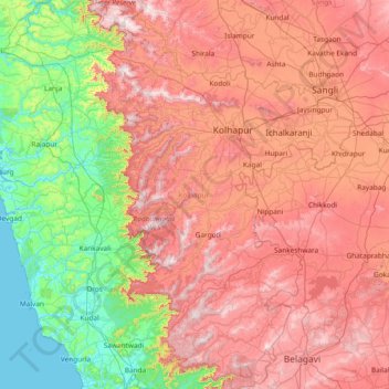 Mapa topográfico Kolhapur, altitud, relieve