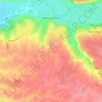 Mapa topográfico Marly-Gomont, altitud, relieve