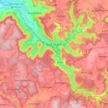 Mapa topográfico Bad Urach, altitud, relieve
