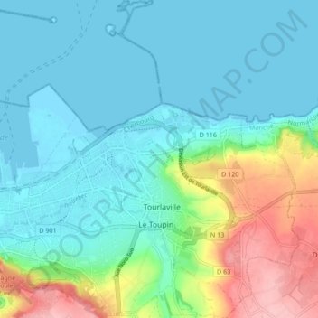 Mapa topográfico Tourlaville, altitud, relieve