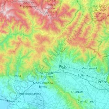 Mapa topográfico Pistoia, altitud, relieve