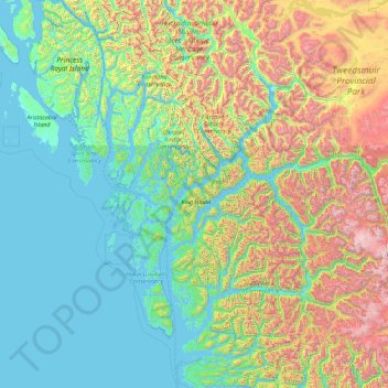 Mapa topográfico Area A (Ocean Falls/Outer Coast), altitud, relieve
