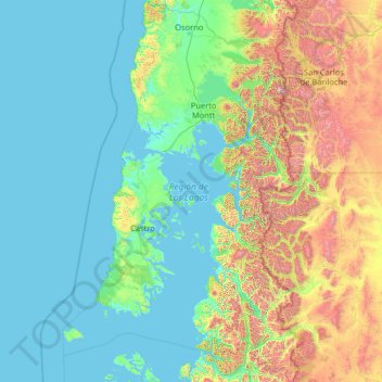 Mapa topográfico Los Lagos Region, altitud, relieve