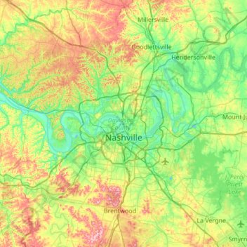 Mapa topográfico Nashville-Davidson, altitud, relieve