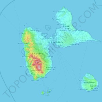Mapa topográfico Guadeloupe, altitud, relieve