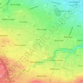 Mapa topográfico Dublin 6W, altitud, relieve