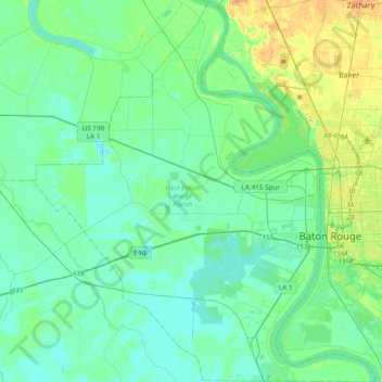 Mapa topográfico West Baton Rouge Parish, altitud, relieve