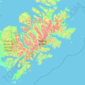 Mapa topográfico Kodiak Island, altitud, relieve