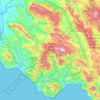 Mapa topográfico Parco Nazionale Cilento, Vallo di Diano e Alburni, altitud, relieve