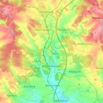 Mapa topográfico Poppenhausen, altitud, relieve