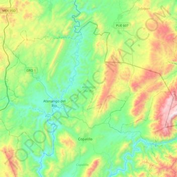 Mapa topográfico Atenango del Río, altitud, relieve