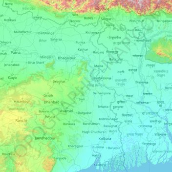 Mapa topográfico West Bengal, altitud, relieve