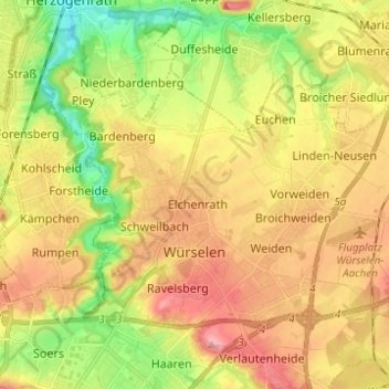 Mapa topográfico Würselen, altitud, relieve