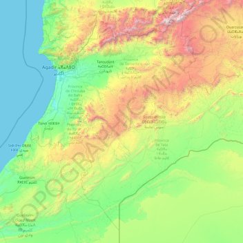 Mapa topográfico Souss-Massa ⵙⵓⵙⵙ-ⵎⴰⵙⵙⴰ سوس-ماسة, altitud, relieve