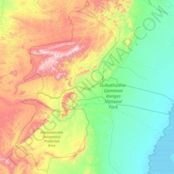 Mapa topográfico Gammon Ranges, altitud, relieve