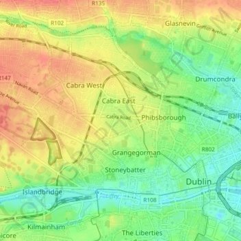 Mapa topográfico Dublin 7, altitud, relieve