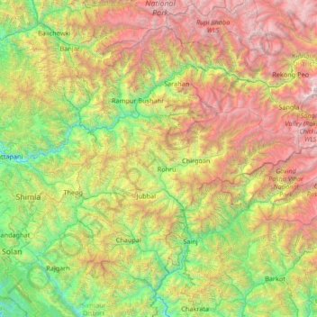 Mapa topográfico Shimla District, altitud, relieve