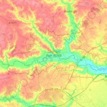 Mapa topográfico Dedham Vale AONB, altitud, relieve