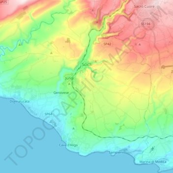 Mapa topográfico Scicli, altitud, relieve