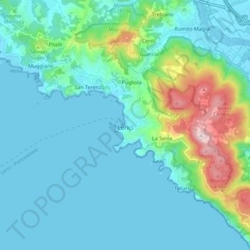 Mapa topográfico Lerici, altitud, relieve