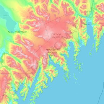 Mapa topográfico Kenai Fjords National Park, altitud, relieve