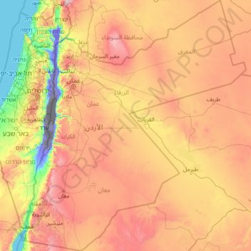 Mapa topográfico Jordan, altitud, relieve