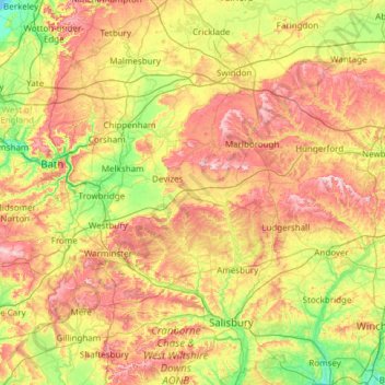 Mapa topográfico Wiltshire, altitud, relieve