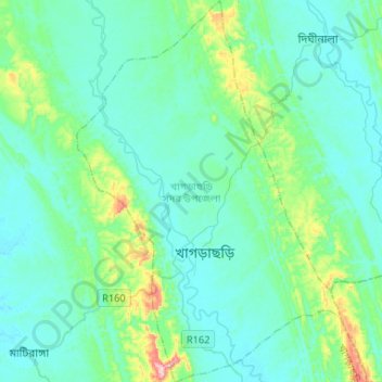 Mapa topográfico Khagrachari, altitud, relieve