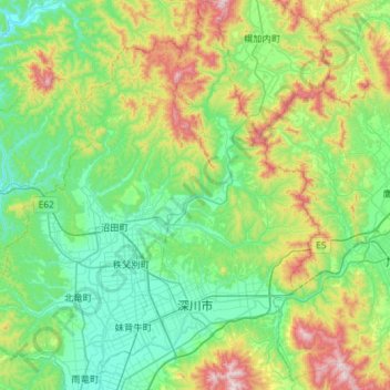 Mapa topográfico Fukagawa, altitud, relieve