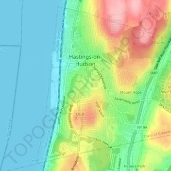 Mapa topográfico Village of Hastings-on-Hudson, altitud, relieve