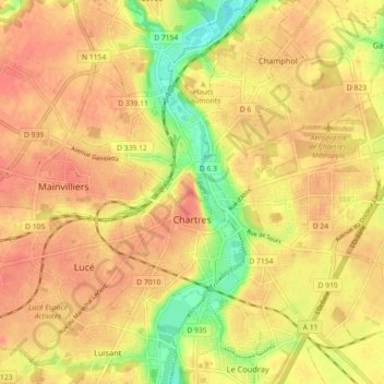 Mapa topográfico Chartres, altitud, relieve