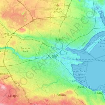 Mapa topográfico Dublin, altitud, relieve