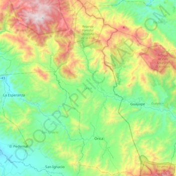 Mapa topográfico Orica, altitud, relieve