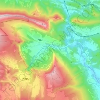 Mapa topográfico Valle de Ollo/Ollaran, altitud, relieve