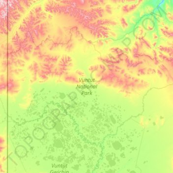 Mapa topográfico Vuntut National Park, altitud, relieve