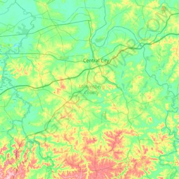 Mapa topográfico Muhlenberg County, altitud, relieve