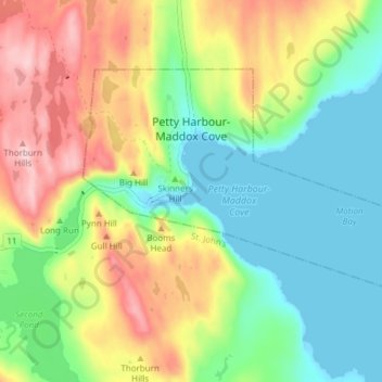Mapa topográfico Petty Harbour-Maddox Cove, altitud, relieve