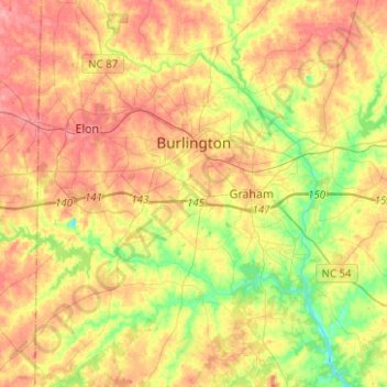 Mapa topográfico Burlington, altitud, relieve