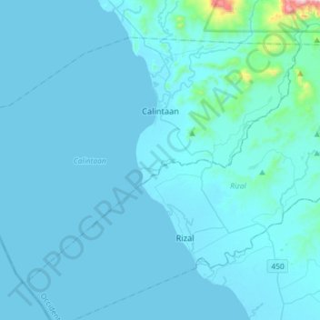 Mapa topográfico Calintaan, altitud, relieve