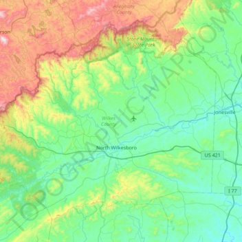 Mapa topográfico Wilkes County, altitud, relieve