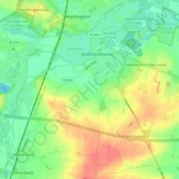 Mapa topográfico Godmanchester, altitud, relieve