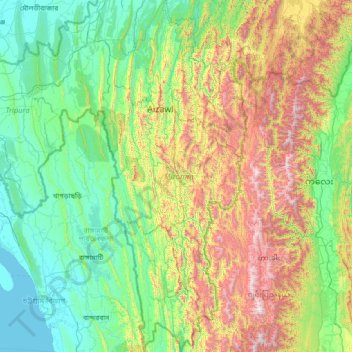 Mapa topográfico Mizoram, altitud, relieve