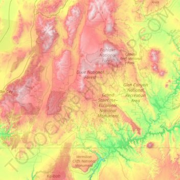 Mapa topográfico Dixie National Forest, altitud, relieve