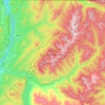 Mapa topográfico Salmo-Priest Wilderness, altitud, relieve