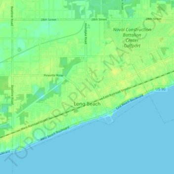Mapa topográfico Long Beach, altitud, relieve