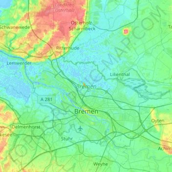 Mapa topográfico Stadtgebiet Bremen, altitud, relieve