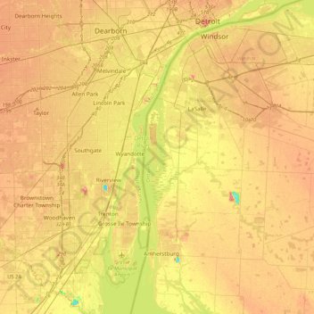 Mapa topográfico Detroit River, altitud, relieve