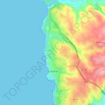 Mapa topográfico Ericeira, altitud, relieve