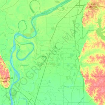 Mapa topográfico Tunica County, altitud, relieve