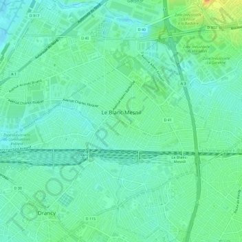 Mapa topográfico Le Blanc-Mesnil, altitud, relieve